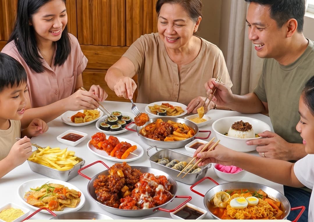 A family sharing a GoGoDak Korean chicken feast together